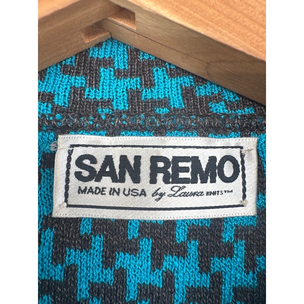 Vintage San Remo Womens Cardigan Sz L Turquoise/Black Houndstooth 80s Classic - Picture 3 of 8